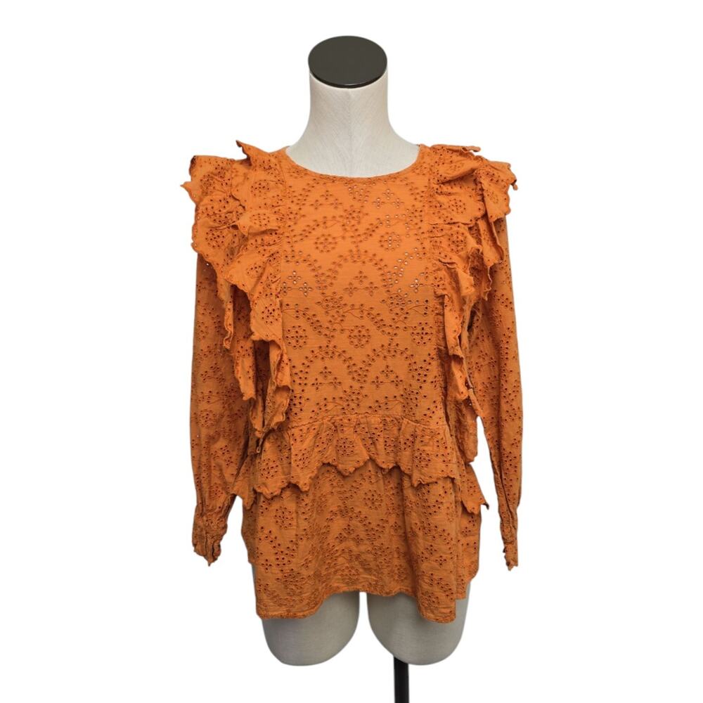 THE GREAT. Orange Eyelet Ruffle Long Sleeve Blouse